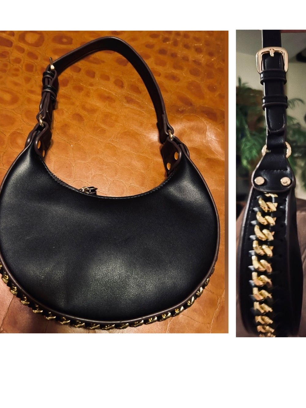 Black Mini Leather Hobo with gold chain on gusset. Top zipper closure. NWT